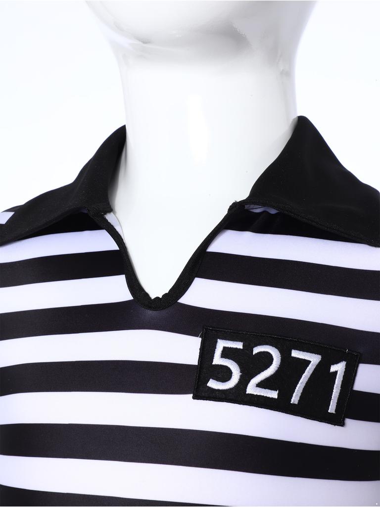 Girls Prisoner Costume Striped Dress Turn Down Collar V Neck Short Sleeve Built In Briefs Crotch Button Ruffled Skirt