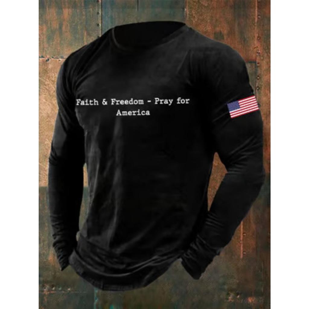 Spring and Autumn Round Neck American Flag Pattern 3D Printed Top Fashionable Casual Minimalist Long Sleeved Men's T-shirts