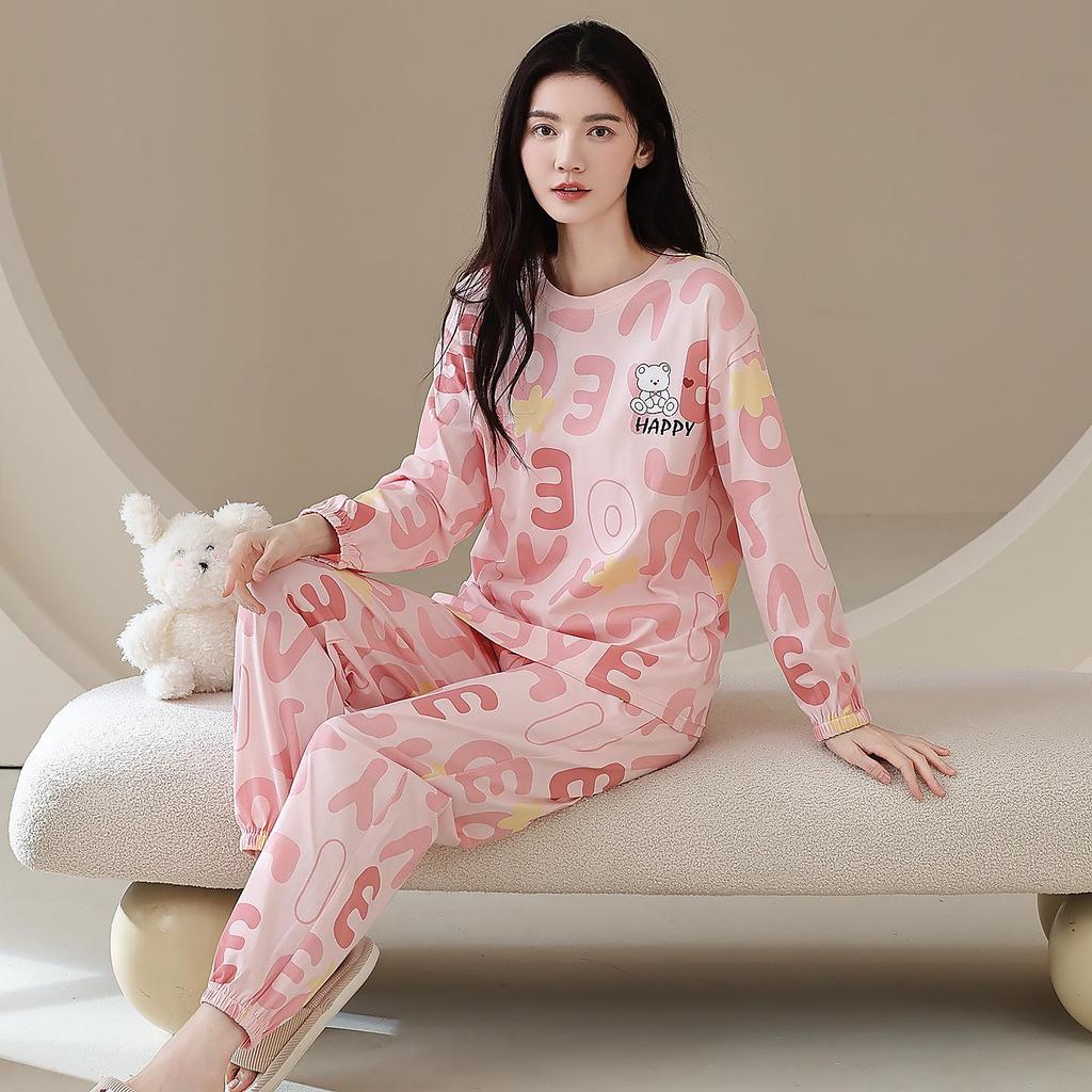 100% Cotton Women's Pajama Set – Breathable, Sweat-Absorbent, Long Sleeve Crew Neck for Indoor & Outdoor Wear (Autumn/Winter)