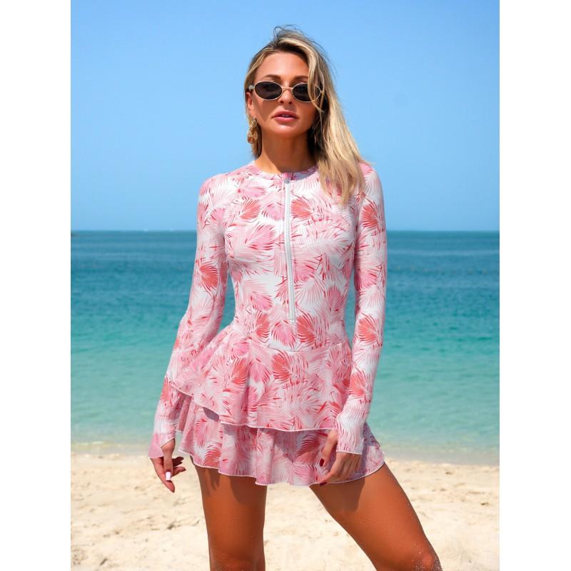 Womens Long Sleeve Modest Swim Dress With Floral Print UV Protection Swimsuit