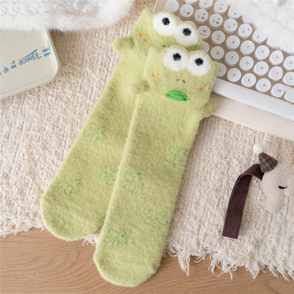 Cartoon Plush Mid Calf Socks Big Eye Couple Funny Keep Warm Clownfish Color Block Soft Autumn And Winter Women Casual Home Socks