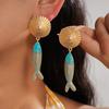 Gold Sunburst Shell Dangle Earrings, Turquoise Enamel Fish Charms, Bohemian Statement Jewelry for Summer & Vacation