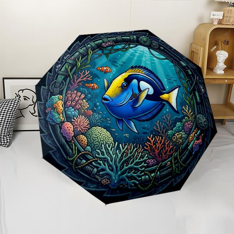 Underwater Marine Life Pattern Umbrella, Portable and Foldable Design, 8 Ribs, a Casual Accessory for Halloween, Christmas, and Birthday Gifts.