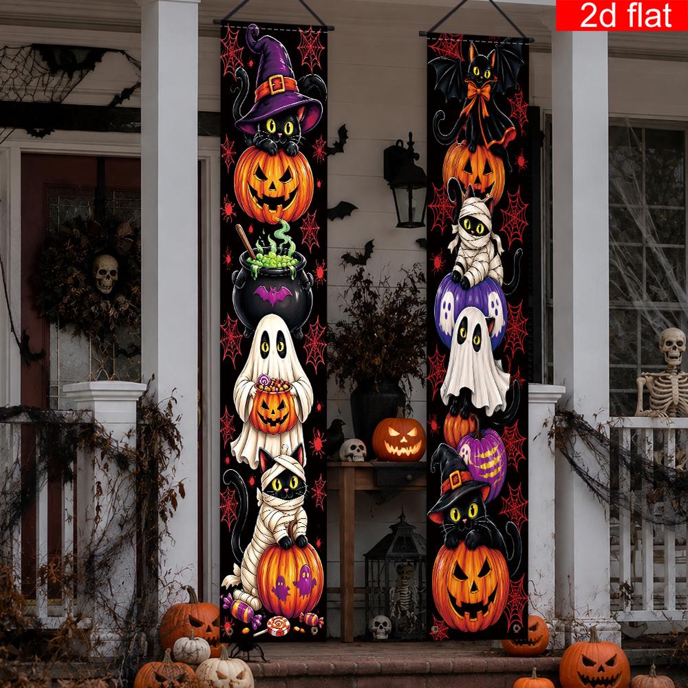 Halloween 2pcs Banner Polyester Cat Pattern Porch Decoration