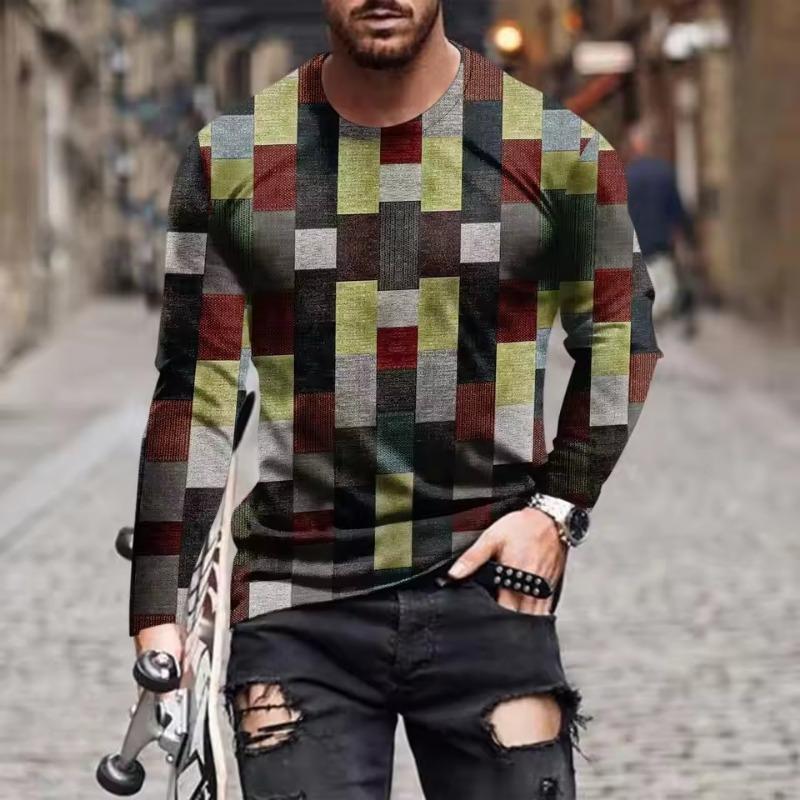 Men's Spring Summer Long Sleeve T-Shirt Green Geometric Patchwork Print Casual Streetwear