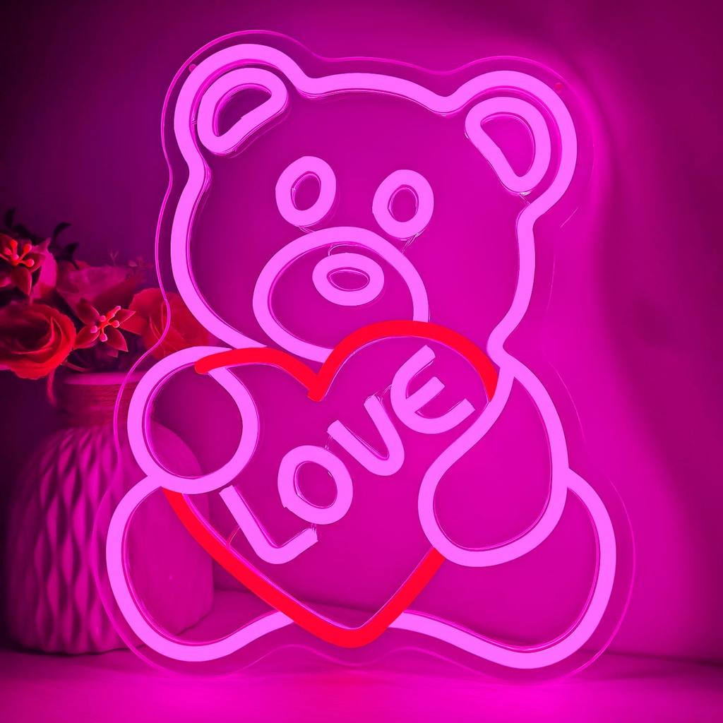 Valentines Day Neon Sign Valentines Teddy Bear Neon Signs for Wall Decor Dimmable Valentines Led Sign Bear Neon Lights for Bedroom Wedding