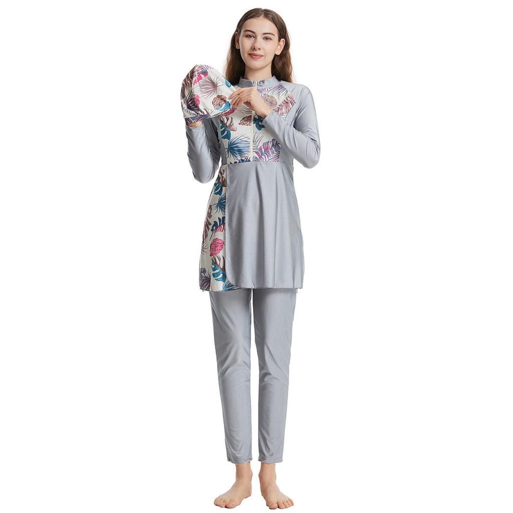 Women Printing Swimwear Muslim Bathing Suit with Cap Long Sleeve Swimsuit Full Coverage Swimming Suit 3 Pieces Sun Protection