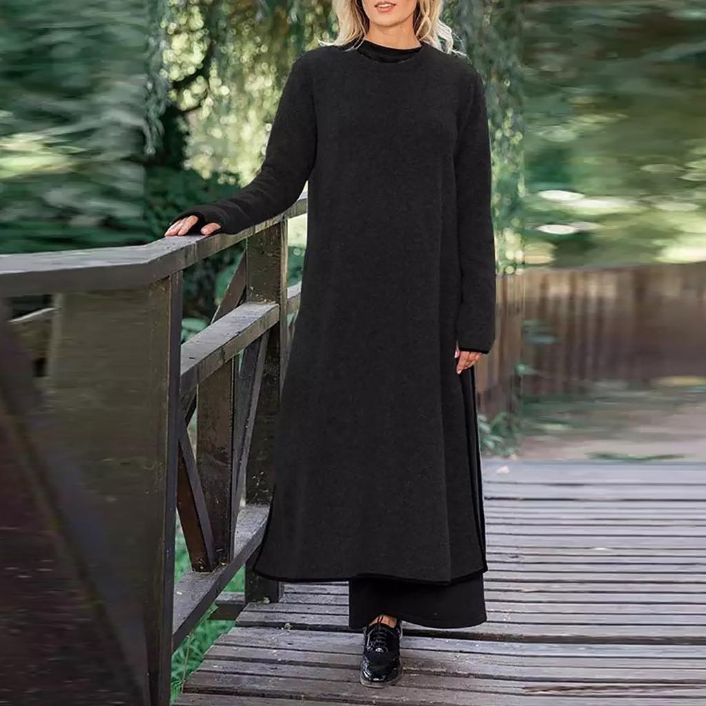 Herbst Locker Große Größe Gestrickte Spitze Langer Rock Plus Samt Pullover Freizeitkleid