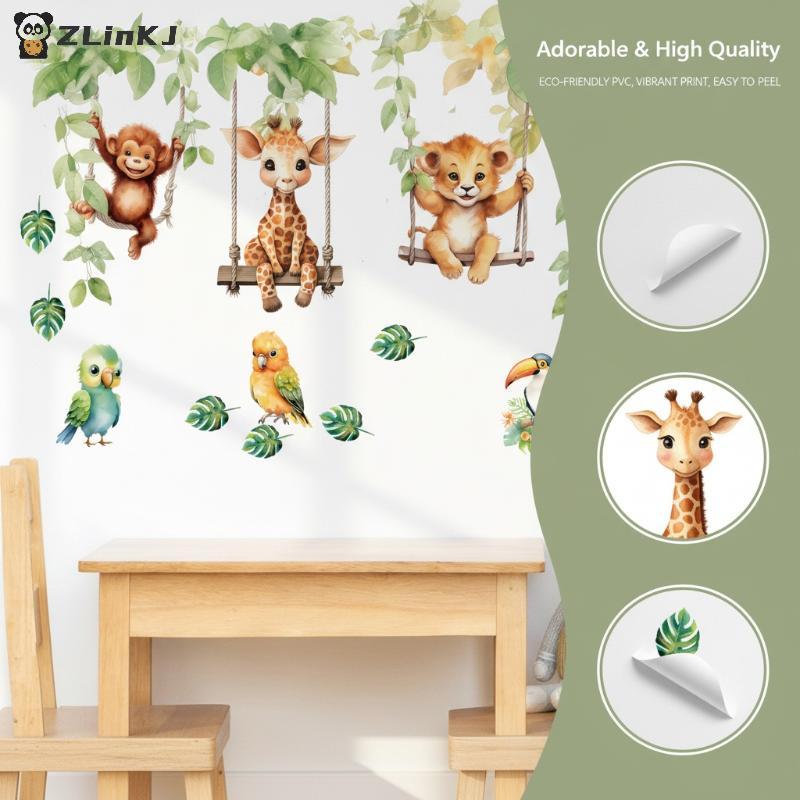 Cartoon Animal Wall Stickers Bird Swinging Removable Mural Art for Children Nursery Room Decoration Self Adhesive Decals