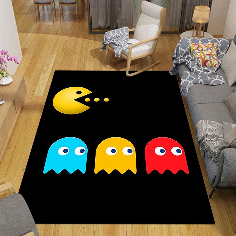 Pac‑Man Cartoon Flannel Printed Carpet, Home Sofa Decoration for Living Room & Bedroom, Non‑Slip Play Flannel Floor Mat for Game Room