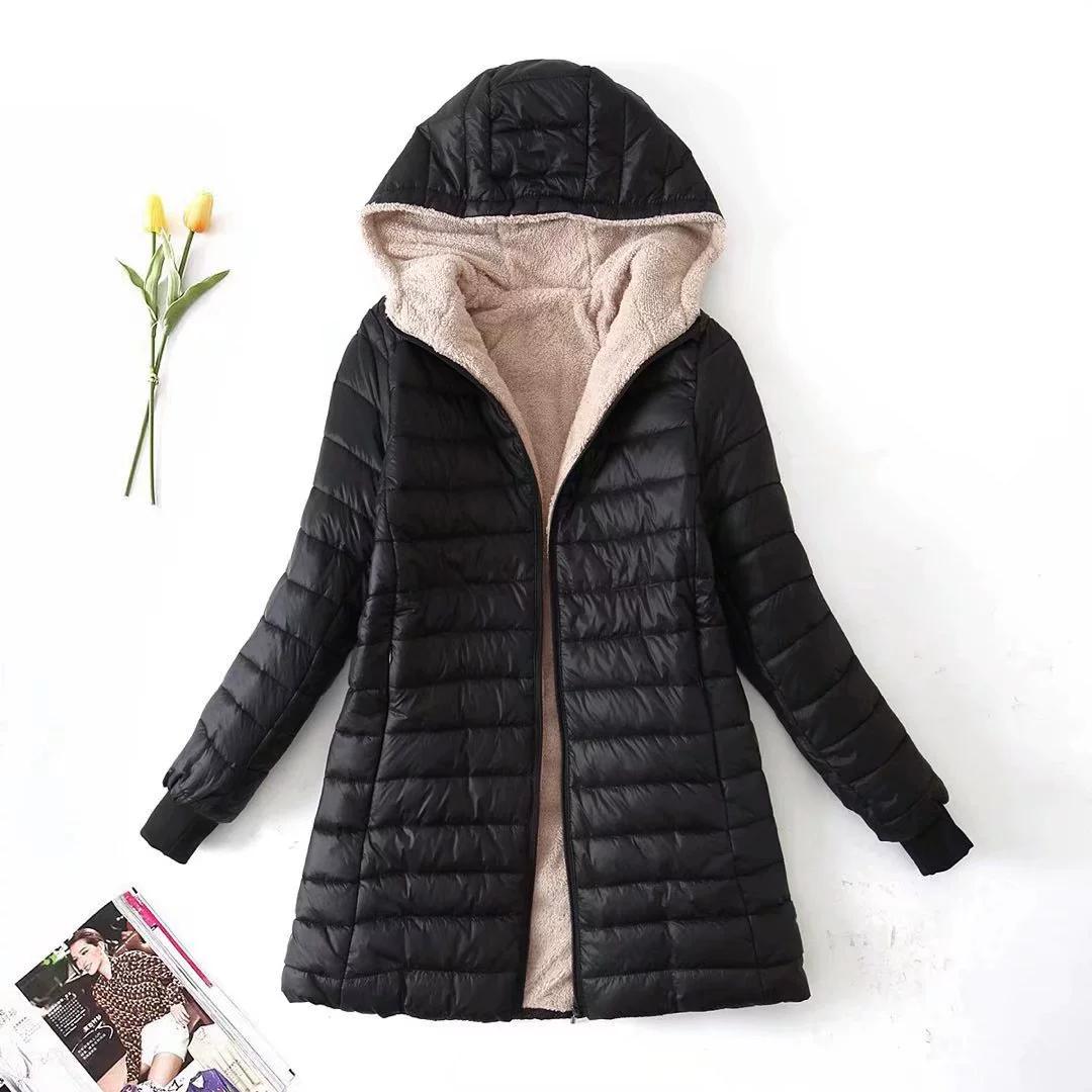 

Autumn and Winter Korean Version Thick and Plush Hooded Mid To Long Slim Fit Warm Lamb Wool Cotton Coat Women s Coat XS чорний