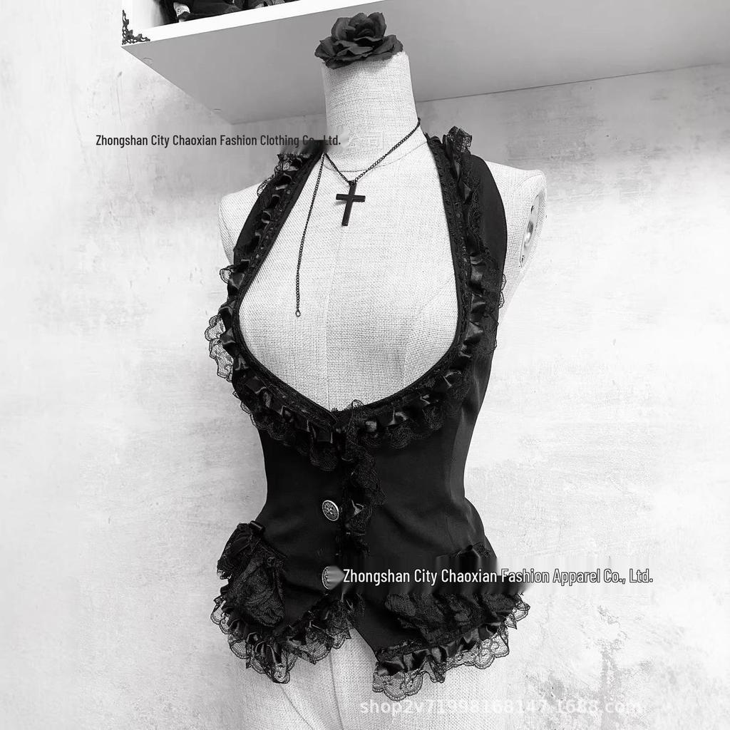 Women's Gothic Black Lace Halter Top: Slimming, Waist-Cinching, Sleeveless, Chic Dark Aesthetic