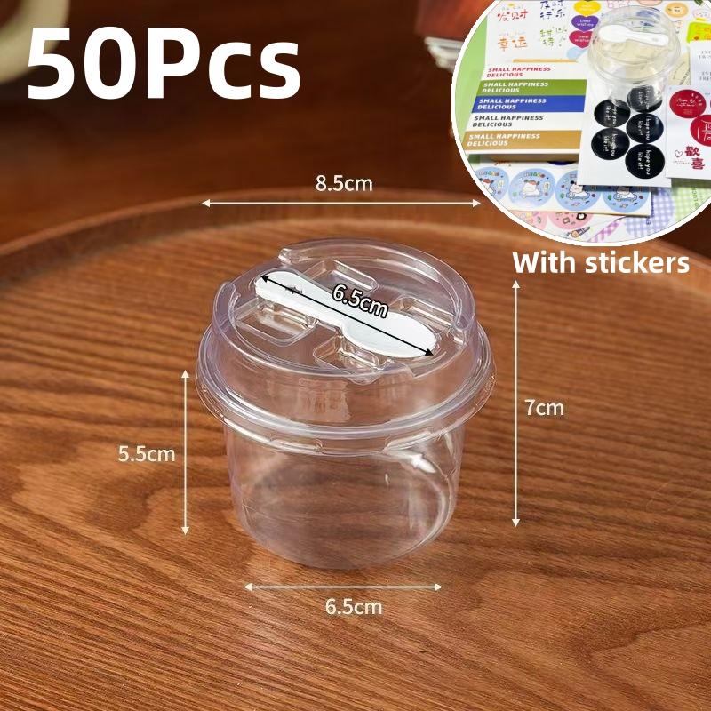 50pcs Round Pudding Cups, Disposable Party Cups with Lids and Spoons, Transparent Mousse Cake Boxes, Yogurt Cups Packaging Box