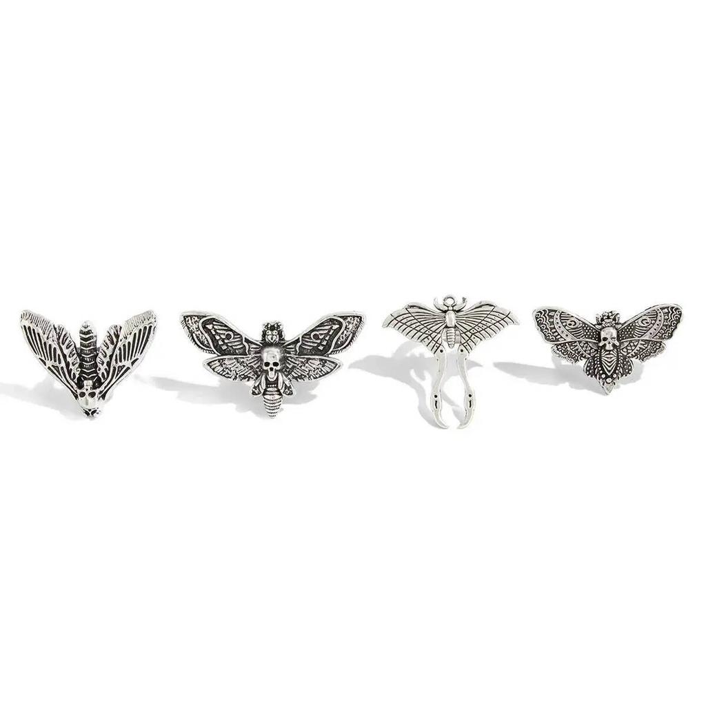SHIXIN 4pcs/set Gothic Moth Skull Adjustable Open Ring for Women Punk Silver Color Butterfly Knuckle Ring Halloween Jewelry 2026