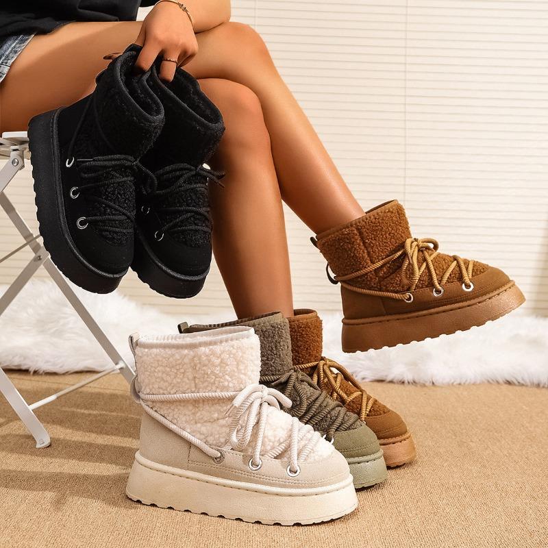 Women's New Winter Fleece Lined Thickened Elevated Chunky Sole Lace Up Fashionable Warm Cotton Boots
