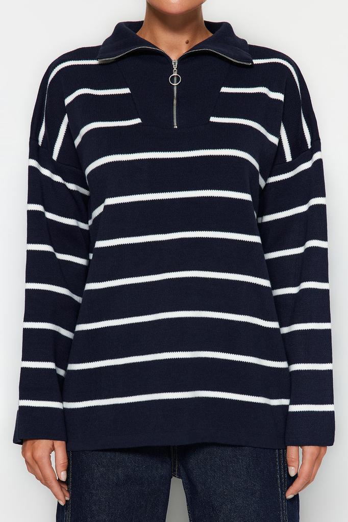 Damenmode Neuer Pullover Marineblau Weites Muster Gestreifte Strickwaren Pullover