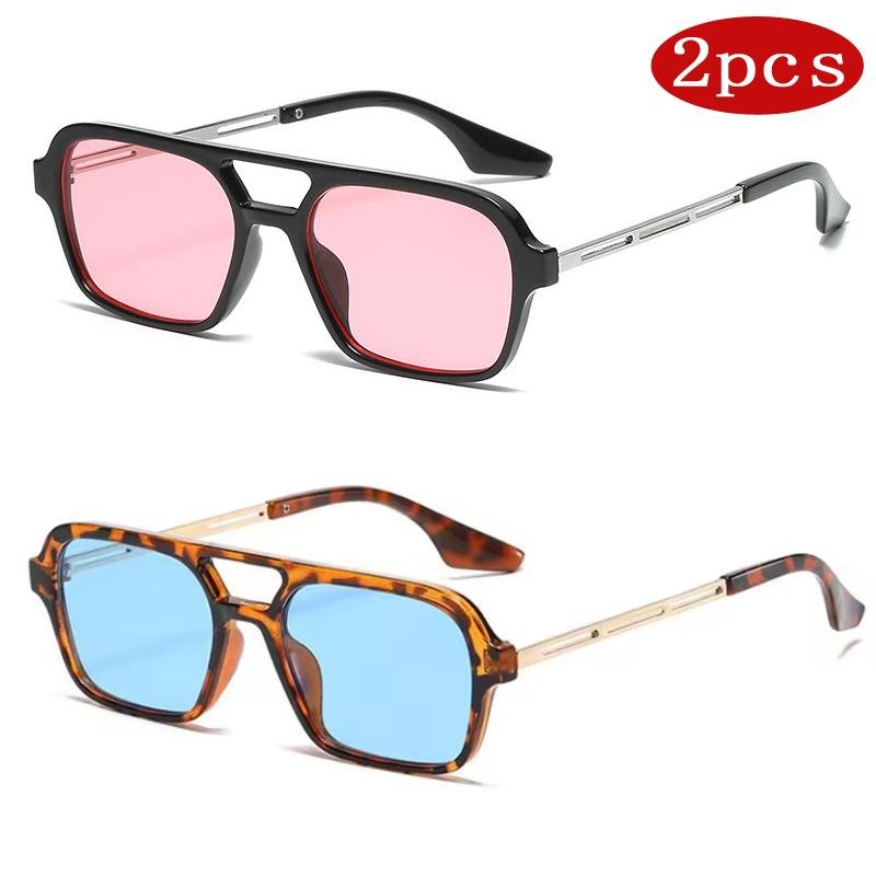 2pcs New Fashion Square Sunglasses Women Candy Color Retro Double Bridge Glasses Men Retro Gradient Eeyglasses Goggle UV400