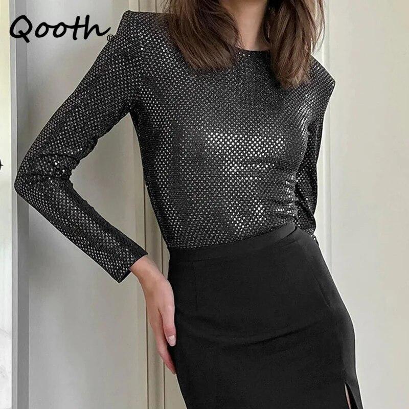 

Qooth Personality Черный Тонкий Топ Модная Женская Рубашка С Длинным Рукавом QT2292