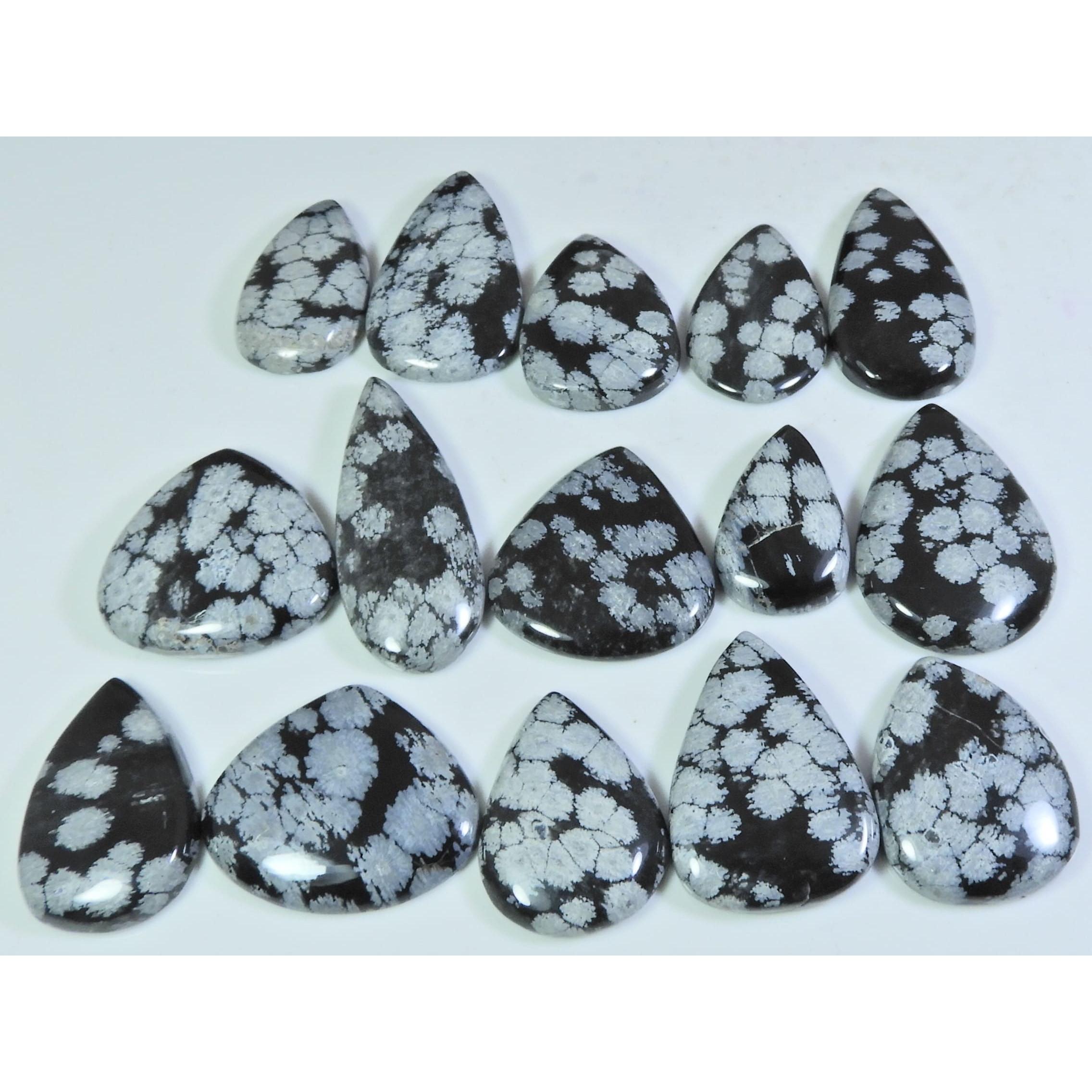 

15Pcs Natural Snowflake Obsidian Pear Cabochon Loose Gemstone Lot 318Cts. A-748