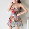 European and American fashion new French pure desire color broken flowers suspender high waist holiday style dress women