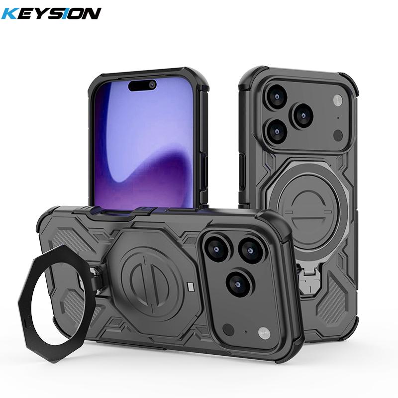 KEYSION Shockproof Magnetic Case for iPhone 17 Pro Max TPU+PC Upright Live Metal Ring Stand Phone Back Cover for iPhone 17 Air