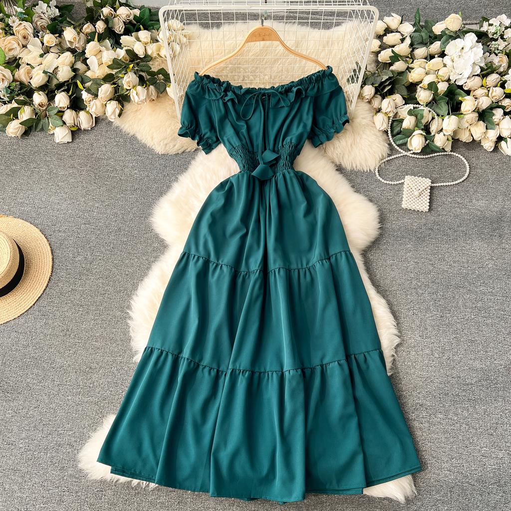 Vintage Elegante Slash Neck Kurzarm Kleid A-linie Mode Chiffon Frühling Herbst Frauen Kleider
