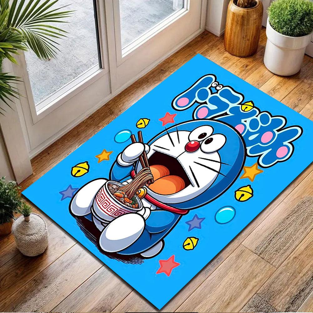 Doraemon Eating Ramen On Blue Background Patterned Carpet, Non Slip Mat Suitable for Living Room and Bedroom Sofas