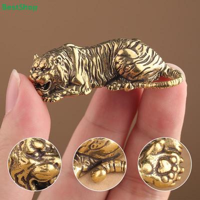 Mini Brass Tiger Figurine, Vintage Solid Brass Crouching Tiger Ornament for Desk Decor & Handheld Play