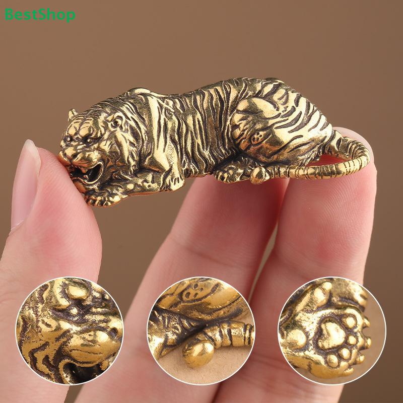 Mini Brass Tiger Figurine, Vintage Solid Brass Crouching Tiger Ornament for Desk Decor & Handheld Play