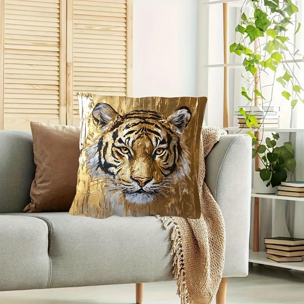 Lavish Golden Tiger Double-Sided Decorative Pillowcase, Striking Black Animal Pattern Cushion Cover For Sofa Office Decor