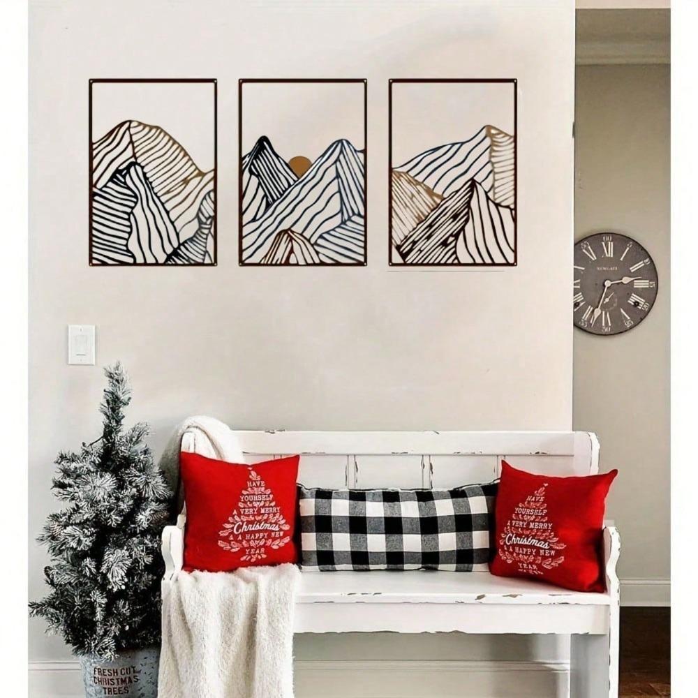 3Pcs Iron Mountain Wall Art, Minimalist Line Design Paintings for Living Room Bedroom Office, Modern Metal Decor, Easy To Hang, Unique Gift