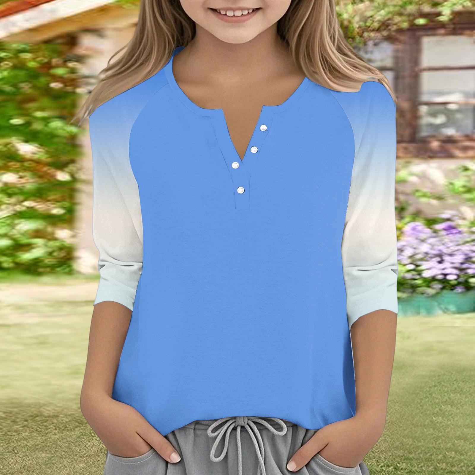 

Print Tops For Youth Girls V Neck 3/4 Sleeves T-Shirts Trendy Tops Outfit Tees 110