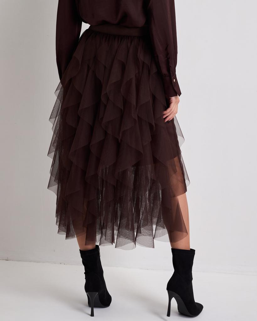 Μακριά φούστα από τούλι με κασκαντέ βολάν MZR 4432 καφέ