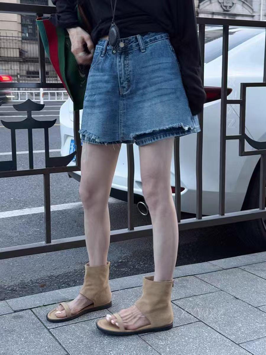 

Plus Size Korean Retro High-Waisted Ripped Denim A-line Skirt Pants for Women XL