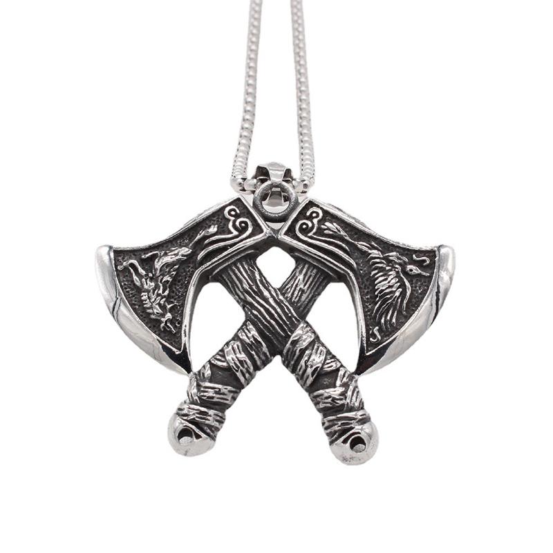 Boutique Stainless Steel Viking Wolf and Odin Crow Axe Pendant Necklace Vintage Men's Nordic Popular Jewelry for Birthday Gifts