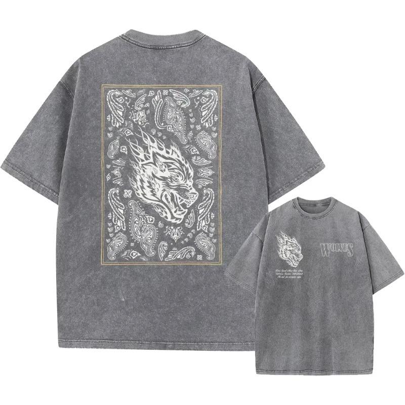 Men's Harajuku Casual Cotton Short Sleeve Washed T-Shirt Vintage Printed Street Hip Hop Retro Punk T Shirt Acid Wash TShirts Top