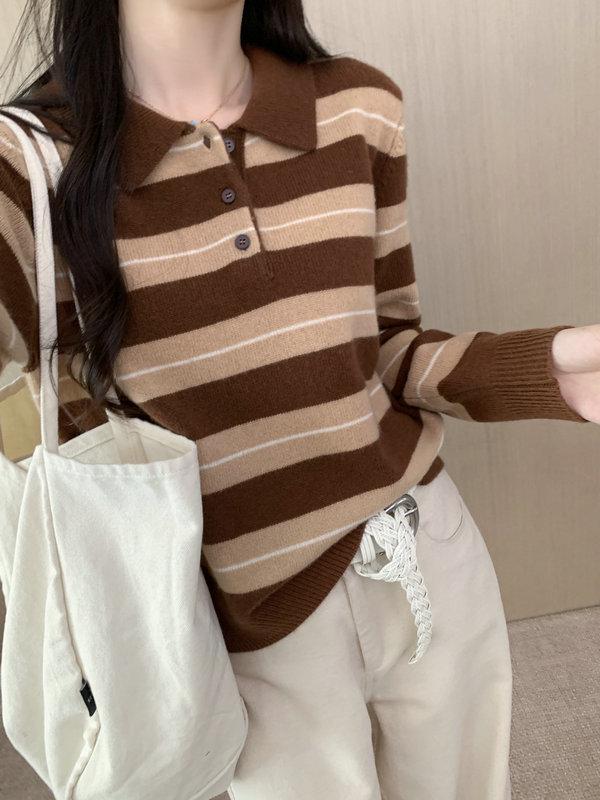 

Женский шерстяной полосатый свитер с воротником поло на осень-зиму L (55-70 kg) верблюд