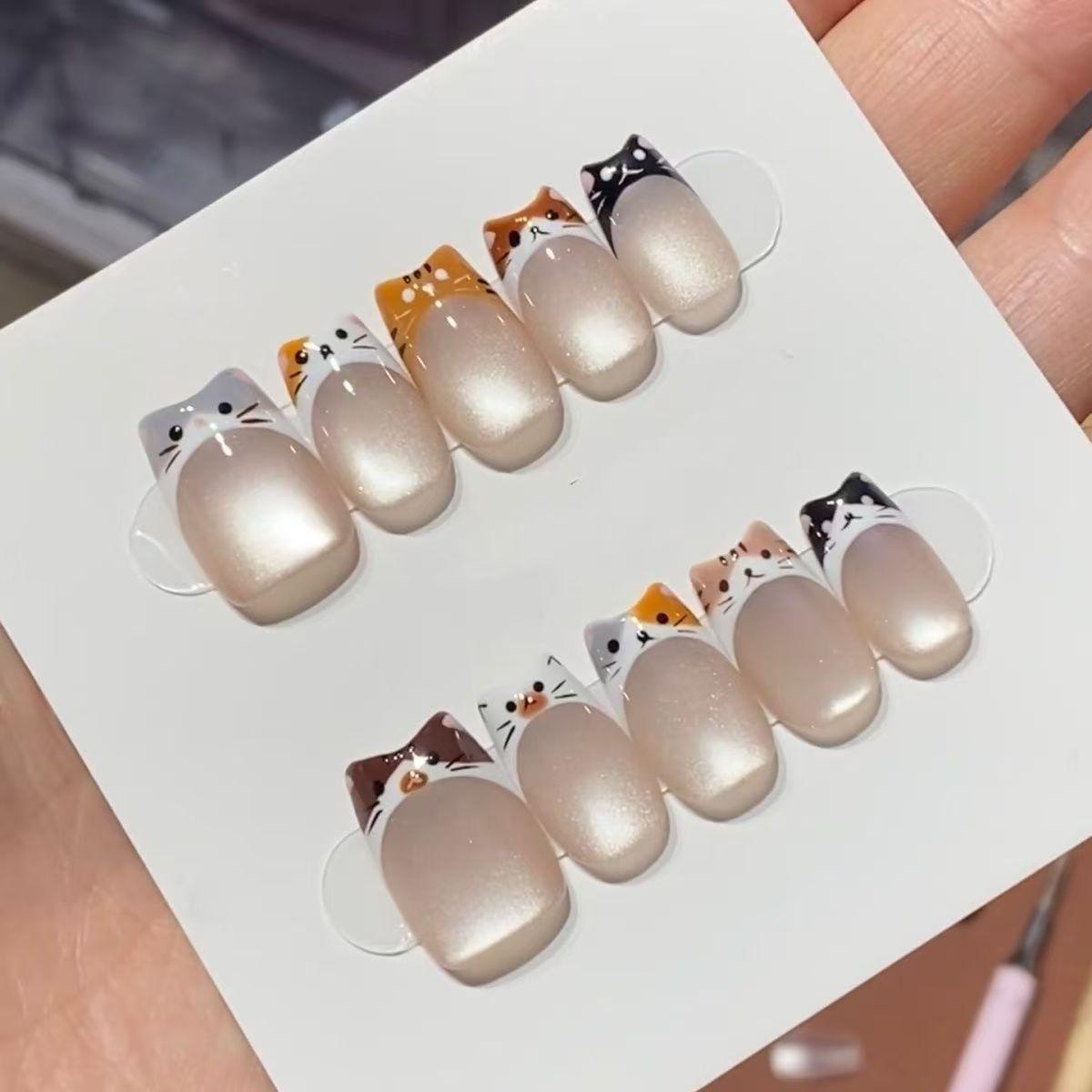 Elegant Pink Cat Eye Detachable Nail Art Stickers - High-End French Heavy Work Handmade Whitening Nails
