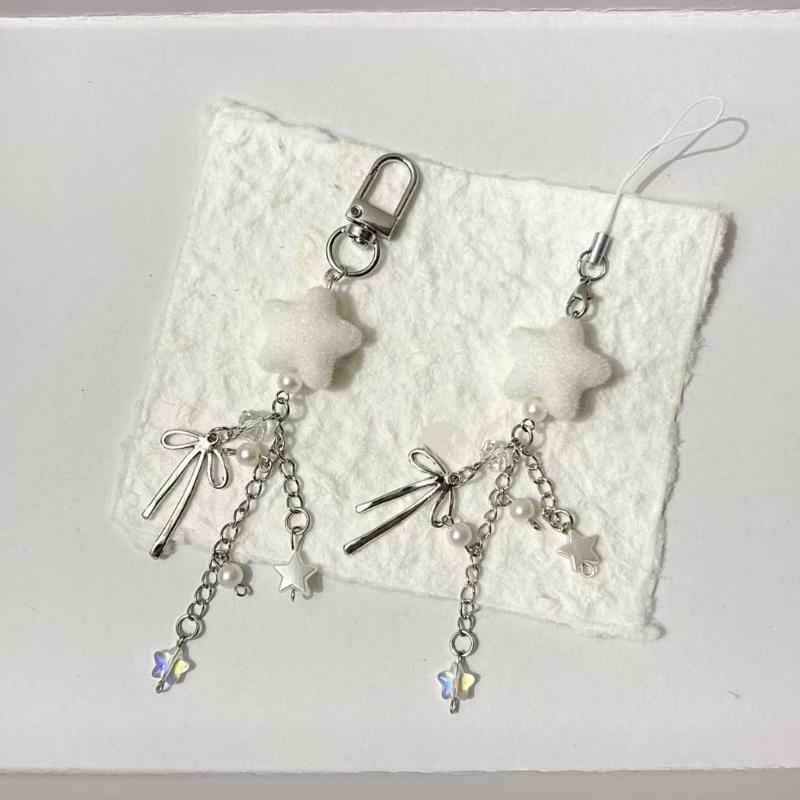 Plastic Flocking Bowknot Phone Strap Adjustable Beaded Charm Elegant Phone Lanyard Suitable Most Mobile Phones