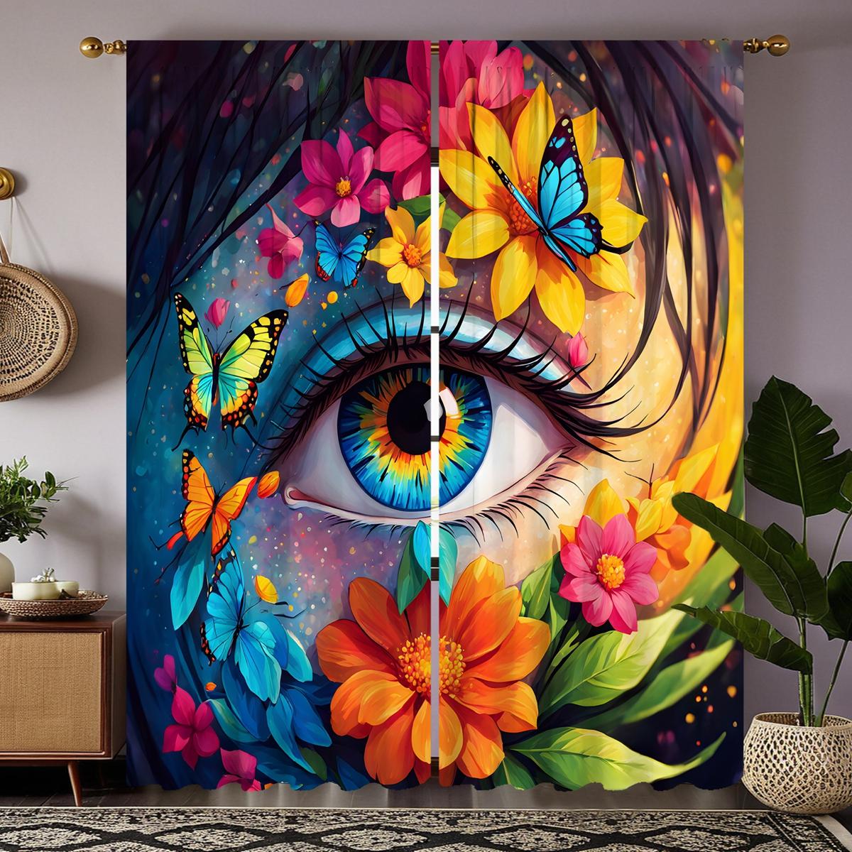 

2 шт. инсталляция HD Art Floral Personality Eye Декоративная занавеска Blue Tie цифровая печатная занавеска Домашнее украшение стиль Декабрь W52H63inchW132H160cm