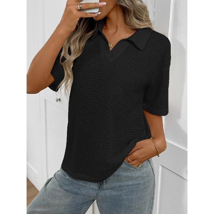 2026 Women's Turn-down Collar Solid Color Knitted Pullover Loose Short Sleeve Casual T-shirt