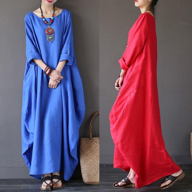 Chic Women Boho Cotton Linen Loose Long Sleeve Maxi Beach Blouse Casual Dress With Timeless Design