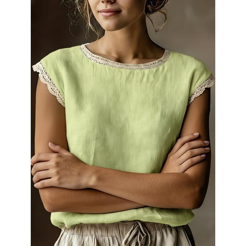Womens Retro Loose Round Neck Solid Color Lace Splicing Sleeveless Linen Shirt