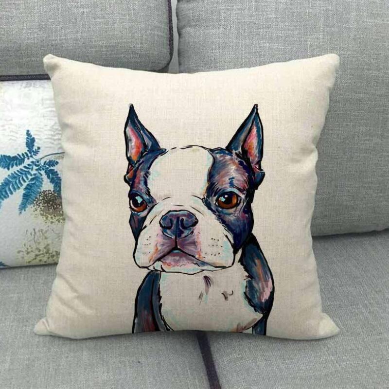 Housse de coussin en lin Motifs Bouledogues Carlins Style Chien Bull Terrier Décoration de Maison Salon Canapé Coussins d'appoint Housse 45X45cm