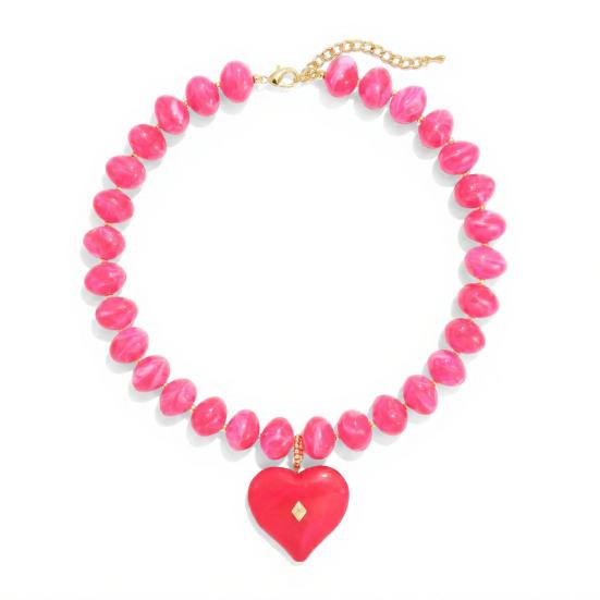 Chunky Beaded Choker, Colorful Acrylic Beads Necklace, Heart Pendant Choker for Women Summer Beach Vacation Jewelry