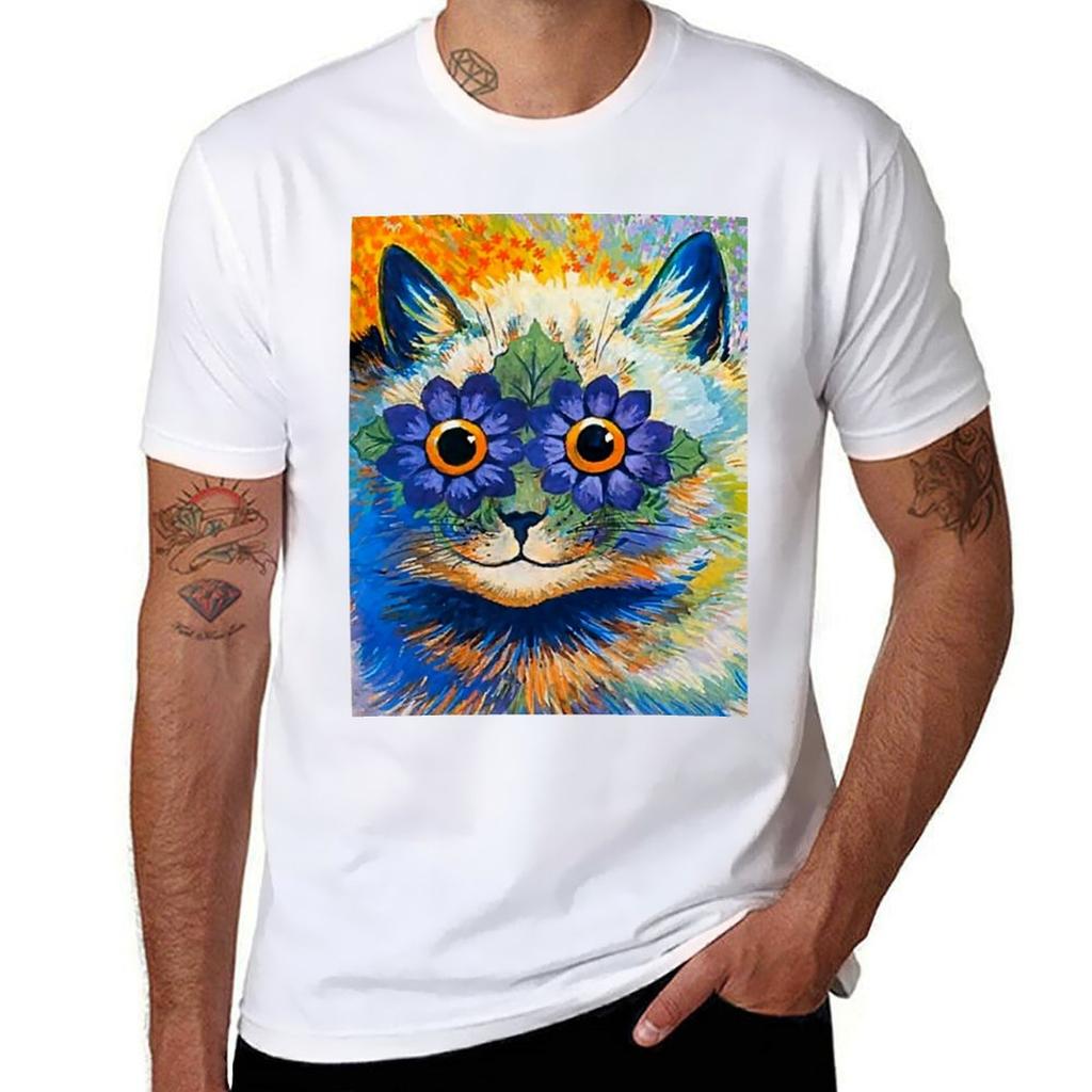 Cat With Blue Petals By Louis Wain Tshirt Urban Style Casual Short Sleeve Top