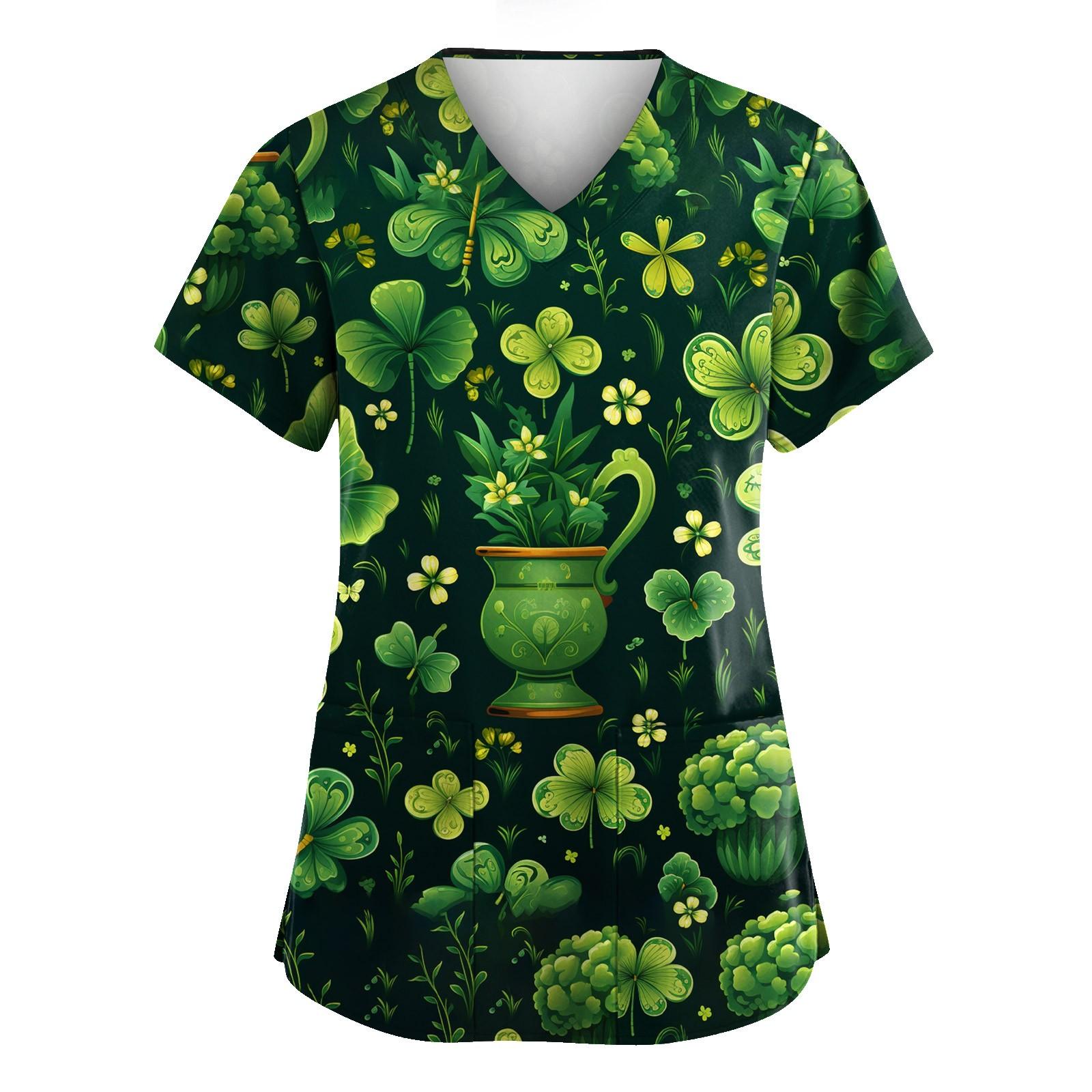 

Женская мода с v-образным вырезом, короткими рукавами и карманами, топы с принтом M