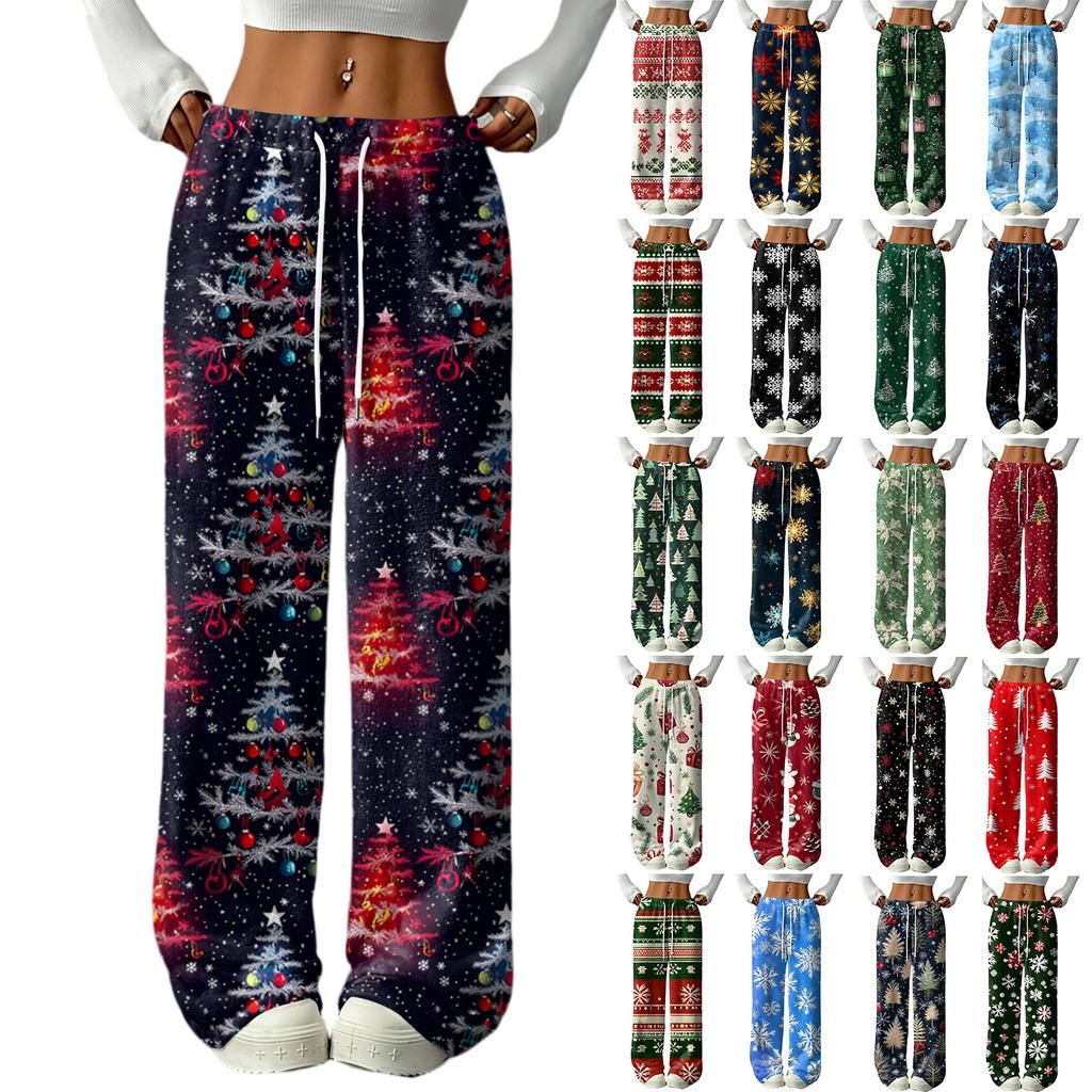 Women's Casual Fashion Printed Elastic Waist Loose Straight Leg Pants With Rope