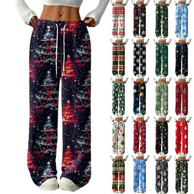 Calças Casuais Femininas da Moda Estampadas com Cintura Elástica, Soltas e de Perna Reta com Cordão