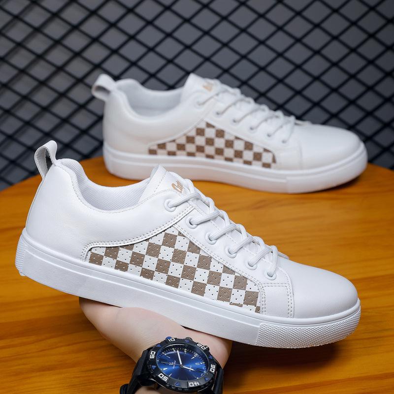 2024 Summer Checkerboard Men's Extra Large White PU Leather Sneakers